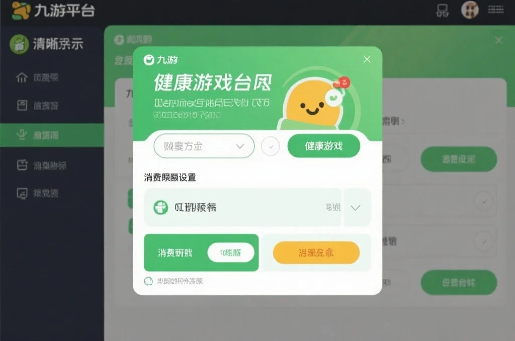 清晰展示九游娱乐平台界面上的健康游戏和消费限额设置选项，界面简洁直观